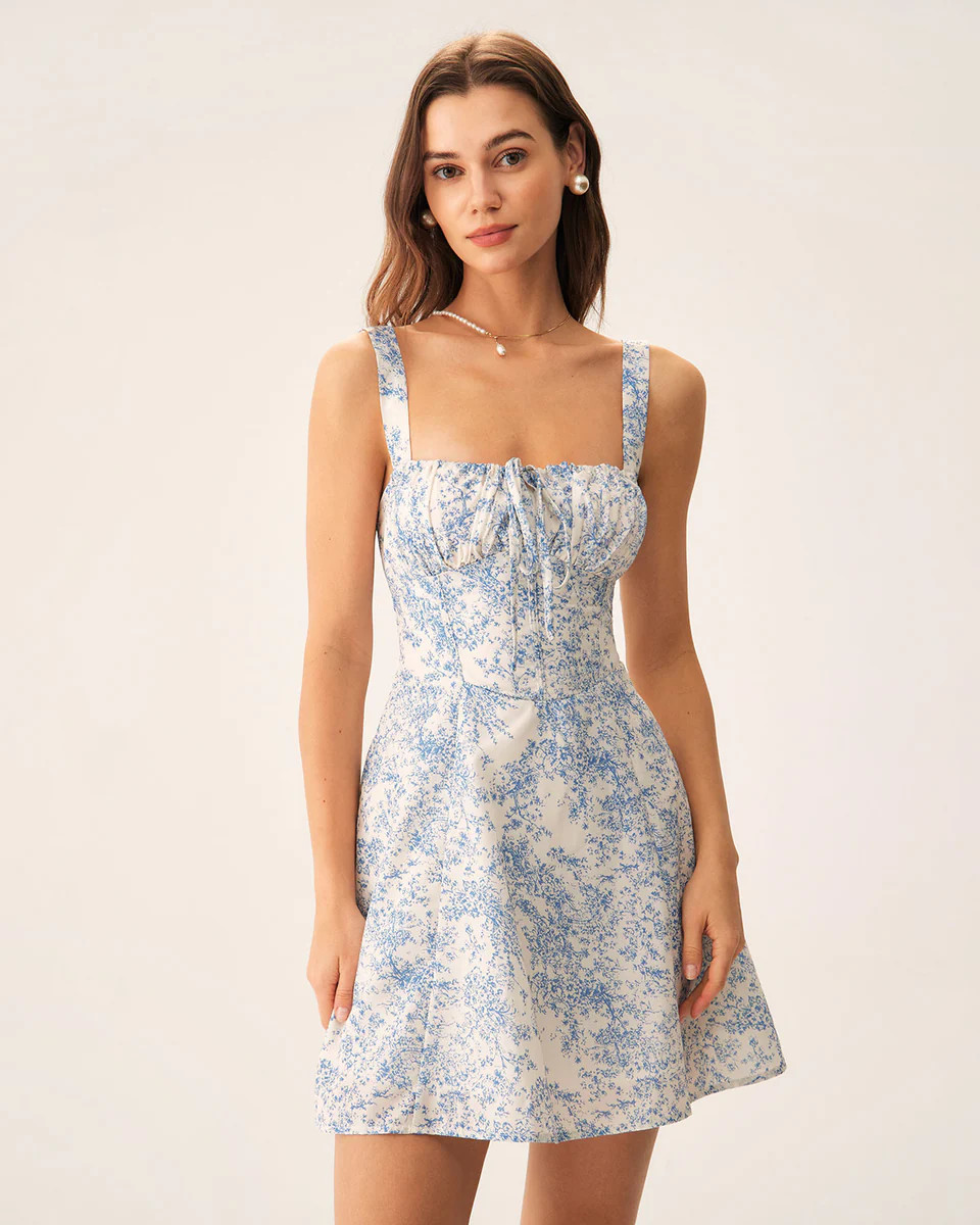 Blue Floral Ruched Slip Corset Mini Dress | rihoas.com