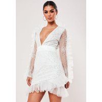 White Embellished Lace Frill Sleeve Mini Dress | Missguided (US & CA)