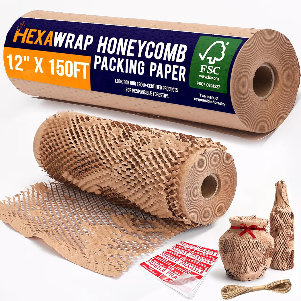 Honeycomb Packing Paper 12" x 150ft with Rope & 20 Fragile Stickers|Shipping & Moving Supplies|Sm... | Amazon (US)