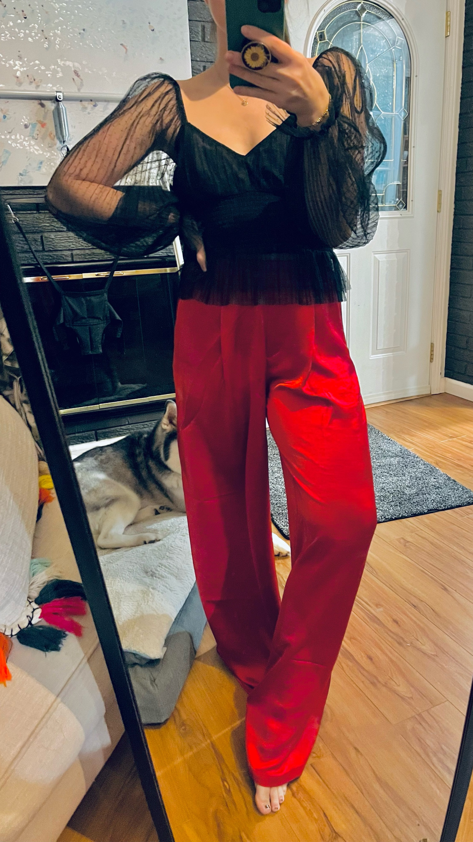 Satin pants + lace top / holiday outfit / true to size: size small in both 

#LTKSeasonal #LTKunder50 #LTKHoliday