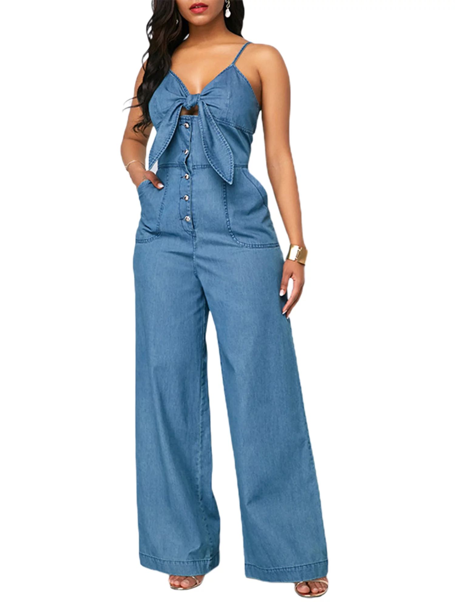 Listenwind Womens Denim Jumpsuit Sleeveless Wide Leg Romper Jeans Long Pants - Walmart.com | Walmart (US)