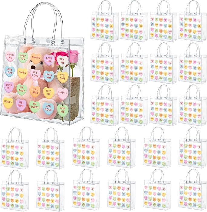 Uiifan 24 Valentine's Day Clear PVC Gift Bags Valentines Conversation Hearts Transparent Sayings ... | Amazon (US)