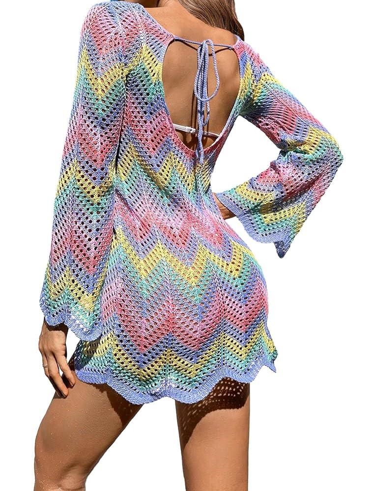 Womens Crochet Knit Color Block Swimsuit Coverup Mini Dress Summer 2025 Long Sleeve Beach Bathing... | Amazon (US)