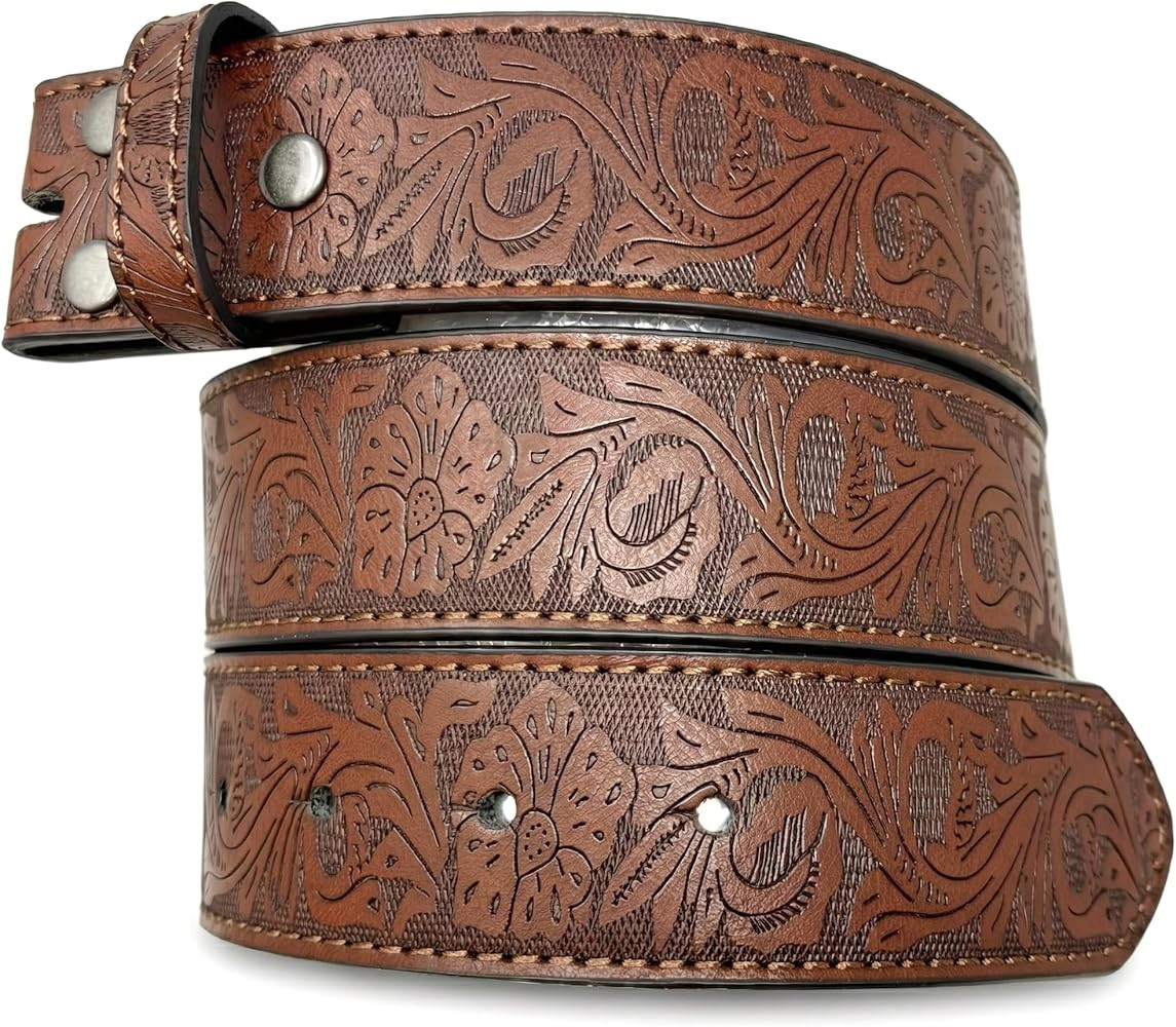 BC Belts Womens Leather Western Belt Strap - 1.5” Wide Embossed Flower Pattern, Snap-On Interch... | Amazon (US)