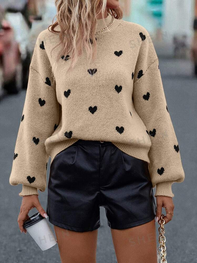 SHEIN Frenchy Jersey con patrón de corazón de cuello alto de hombros caídos | SHEIN