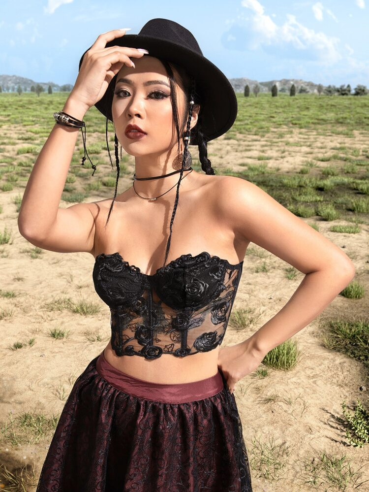 ROMWE Goth Floral Lace Crop Tube Top | SHEIN