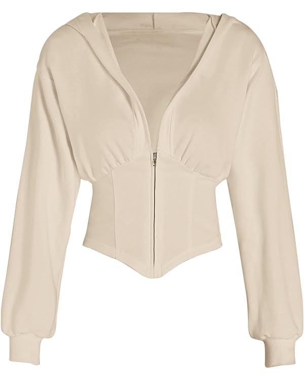 MISSACTIVER Women's Half Zipper Corset Crop Sweatshirt Asymmetrical Hem Solid V-Neck Drop Shoulde... | Amazon (US)
