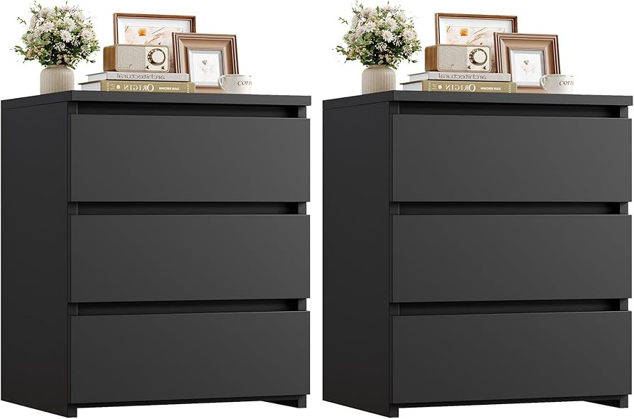 FOTOSOK Nightstand Set of 2 Black Nightstand with 3 Drawers, Black Bedside Table Night Stand for ... | Amazon (US)