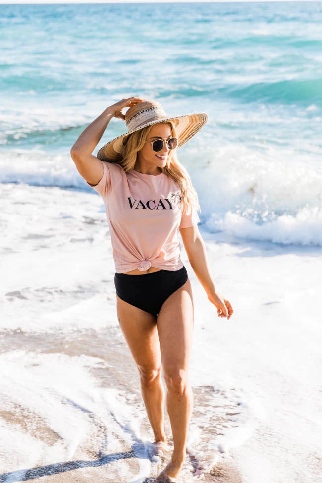 Vacay Palm Trees Graphic Heather Peach Tee | Pink Lily