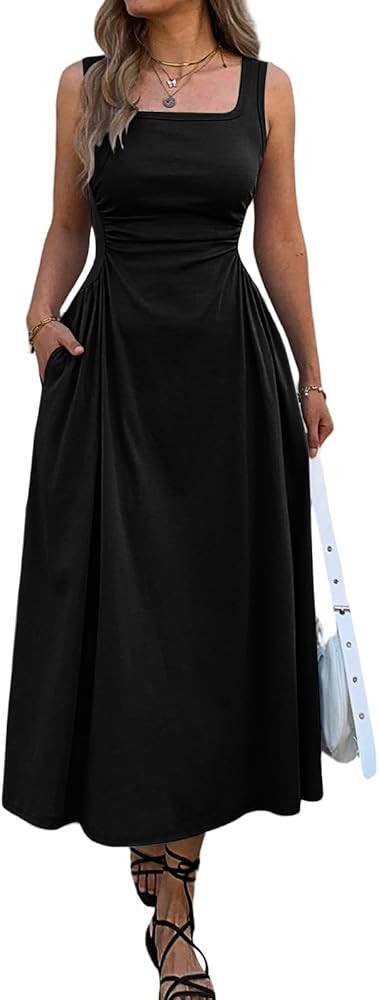 Mieazom Women's Square Neck Sleeveless Slim-Fit Maxi Dress Ruched Waist Corset Flowy Casual Summe... | Amazon (US)