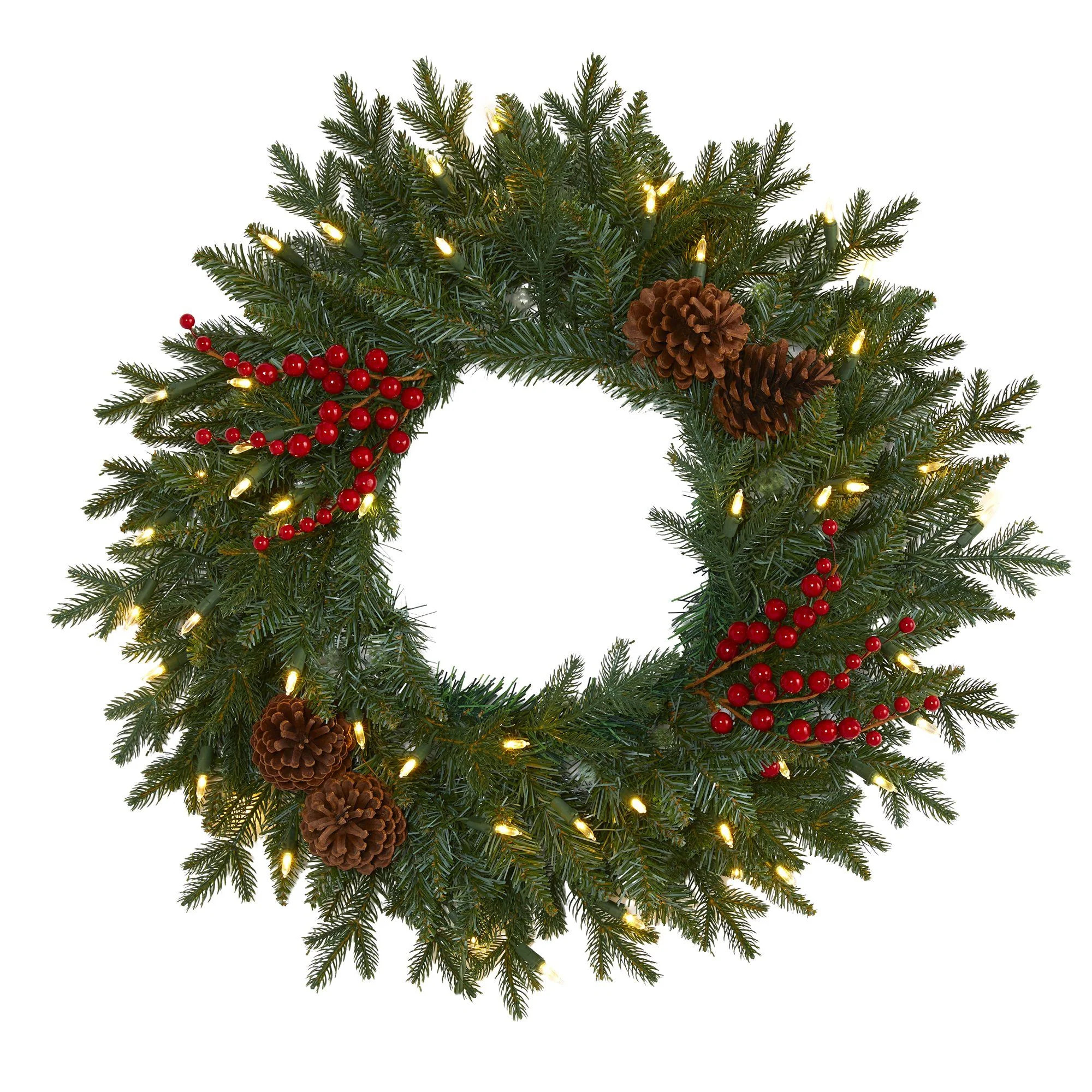24” Green Pine Artificial Christmas Wreath with 50 Warm White LED Lights, Berries and Pine Cone... | Nearly Natural