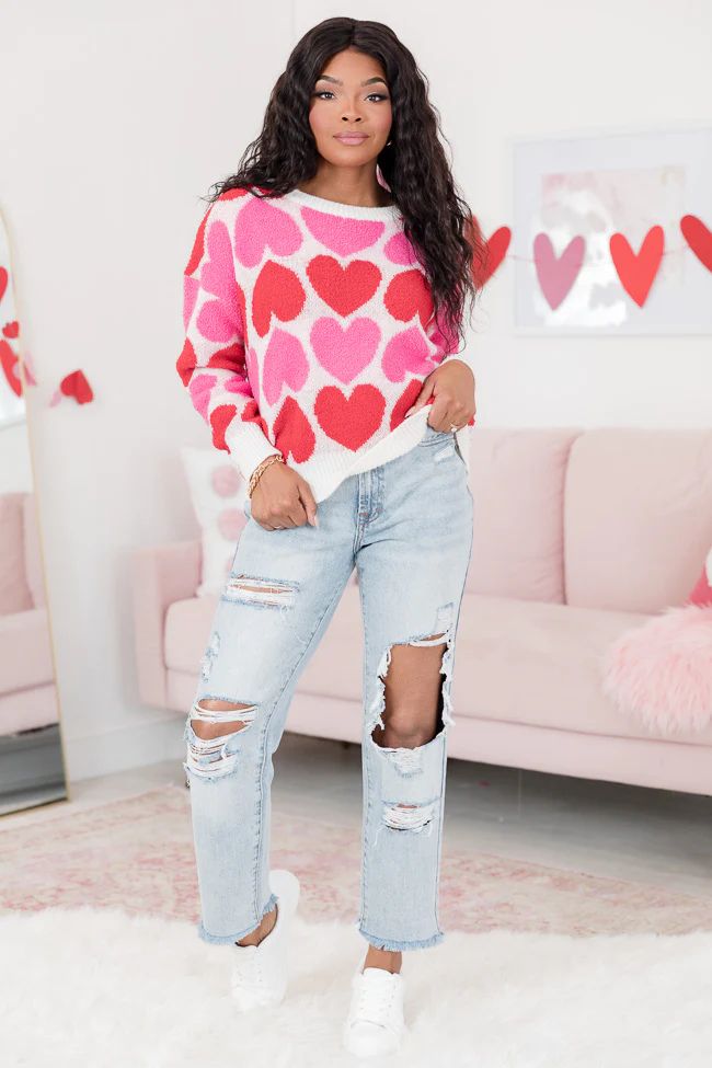Loving On You Pink And Red Alternating Heart Sweater | Pink Lily