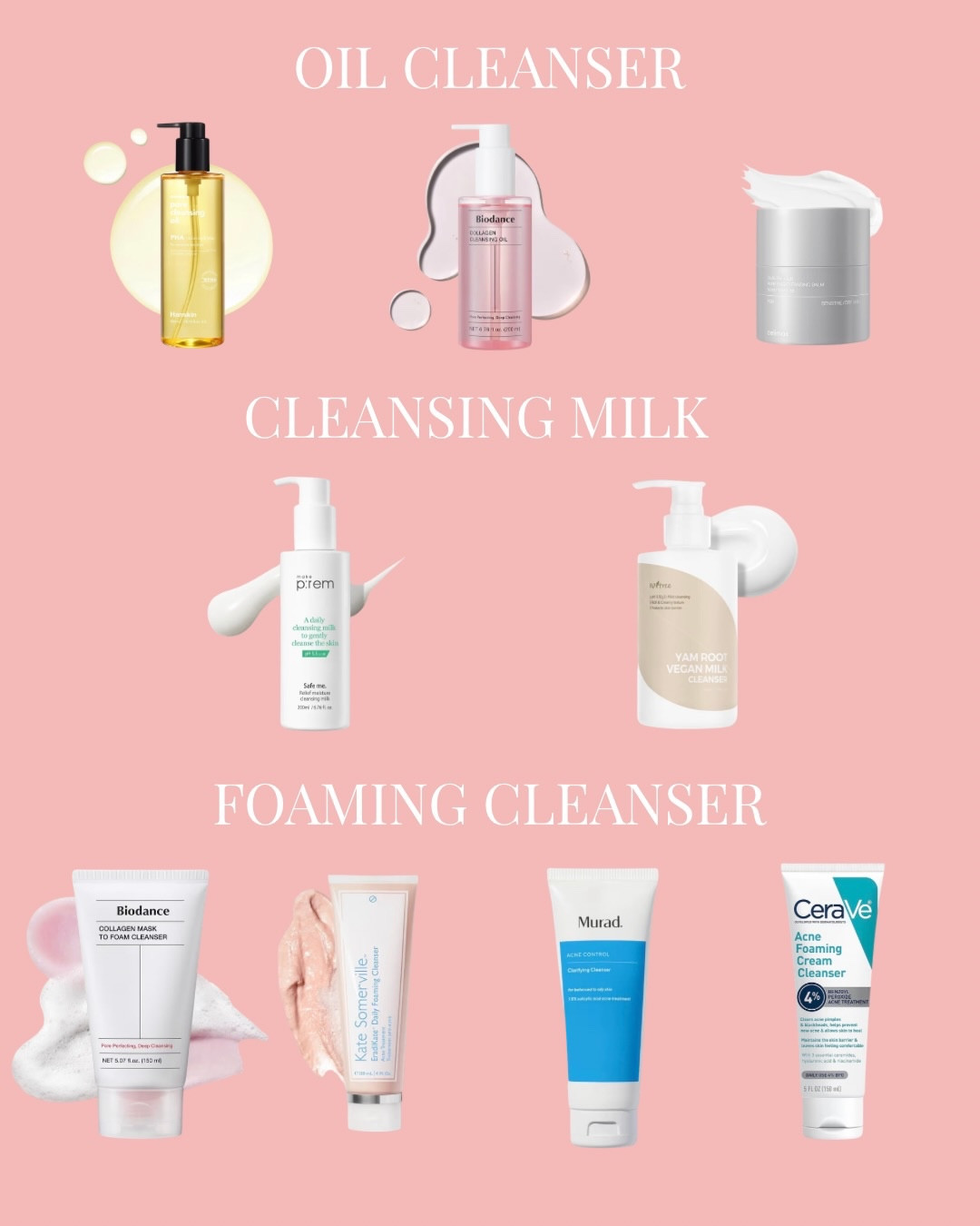 The best pick of 2025✨ Comment “link” I’ll send you the product 🔗

[Oil Cleanser]
@biodance_global cleansing oil: gentle, light and melts on skin
@hanskin_global pore cleansing oil: perfect for deep cleansing
@celimax.global love taking this on travel

[Cleansing milk] Both amazing cleansing milk! If your skin doesn’t react well with oil cleansers, try these for removing makeup & SPF
@makeprem_global relief moisture cleansing milk
@isntree yam root vegan milk cleanser

[Foamy cleansers]
@biodance_global collagen mask to foam cleanser: gentle cleanser mask to minimize pores
@katesomervilleskincare sulfur foaming cleanser: I use this when I’m breaking out
@muradskincare salicylic acid cleanser: I use this 2-3x a week to prevent acne
@cerave acne foaming cleanser: I use this when I’m breaking out really bad

[Exfoliating products]
@medicube_global_official zero pore pads: super gentle and makes your skin super glowy
@theordinary glycolic acid: I use this toner from my head to toe
@sin.suru watery sulfur spot pads: I use this on pimple

[Toner]
@dr.nineteen_global jelly toner: pore cooling and minimizing 
@haruharuwonder_official black rice barrier essence: when I want hydration and glow
@pyunkangyul_global Essence toner: when my skin is irritated

[Serum]
@dr.altheaglobal vitamin c serum: non irritating vitamin C
@alliesofskin azelaic acid serum: brightens post acne marks and even out skin tone
@skin1004official probio-cica intensive ampoule: when I’m breaking out so bad, I use this to calm and balance my skin’s microbiome 
@rejuall_official Retinol serum: such a gentle & effective retinol plus even out skin tone
@wellage.usa one day serum kit PDRN & Hyaluronic acid: great for 2-3x week intensive care

[Moisturizer]
@luxyurius : makes your skin glowy and minimizes pores
@dr.altheaglobal 345 cream: calming & gentle, safe on acne prone skin
@rejuall_official PDRN cream: beautiful texture, great for rejuvenation and glowy skin 
@rejuall_official ceramide cream: the best to fix broken skin barrier
@cleardea_global minari calming gel: great for calming inflamed skin