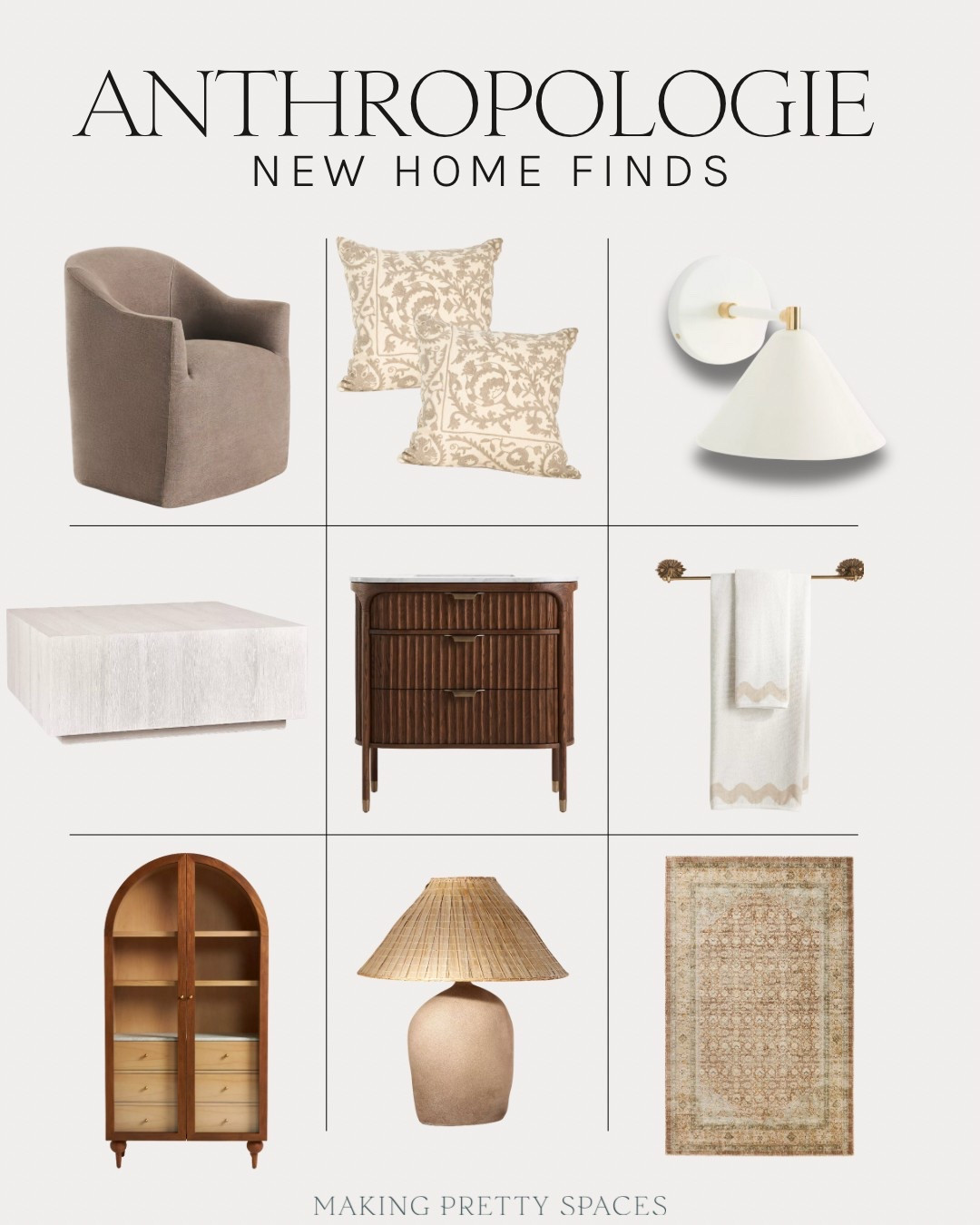 Anthropologie new home finds! Home decor, swivel chair, neutral pillows, bookcase, lamp, table lamp, neutral rug, dresser, vanity, towels, outdoor light, sconces, sconce, pillows, coffee table, bathroom vanity, bathroom towels, shelving, furniture 

#LTKSeasonal #LTKSummerEdit #LTKHome