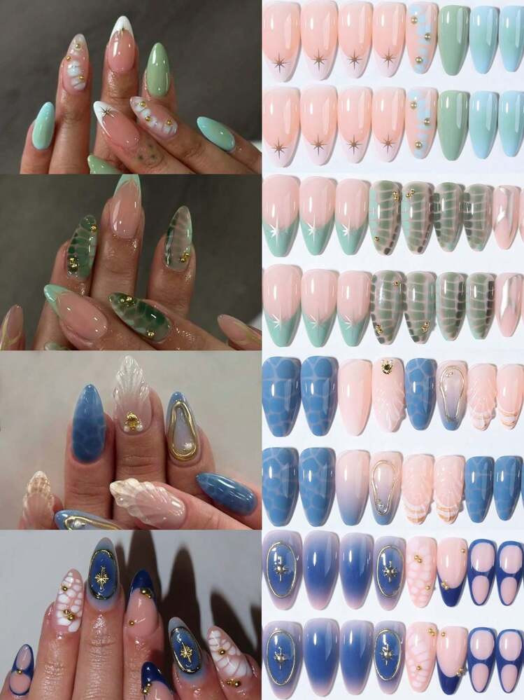 96Pcs(4Mixed ) 3D Three-Dimensional Gel Nail Makes Flower Nails With Rhinestones Design Long Almond French Tip Press On Nails Almonds Fit Perfectly Acrylic False Nails Set, Include: 1Pc Jelly Glue And 1Pc Nail File, Flower Nails & Summer Nails For Woman & Girl For Daily Wear And Party Use Nail Supplies Nails | SHEIN