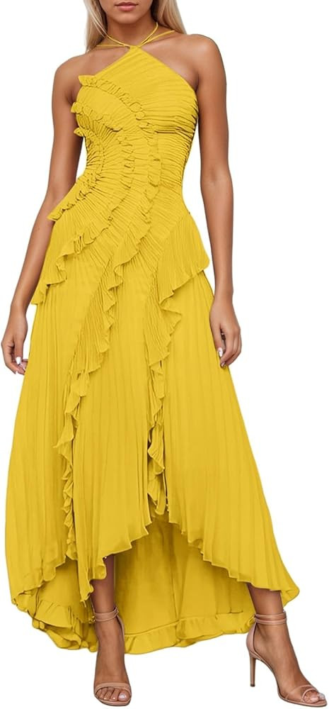 Generisch Women's Sleeveless Dress with Neck Band Plain Chiffon Dress Elegant Maxi Dress with Ruf... | Amazon (UK)