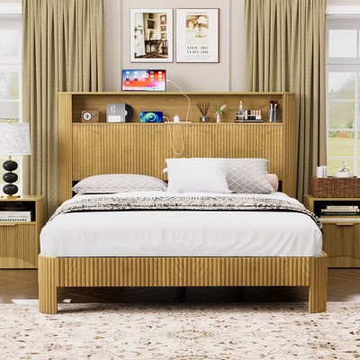 ModernLuxe Queen Size Bed Frame with Storage Headboard, Built-in Charging Station, Wavy Design, Quiet Support, Natural | Target