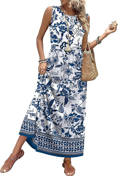 WIHOLL Summer Dresses for Women 2026 Maxi Dresses Long Flowy A Line Sleeveless Sundresses with Po... | Amazon (US)