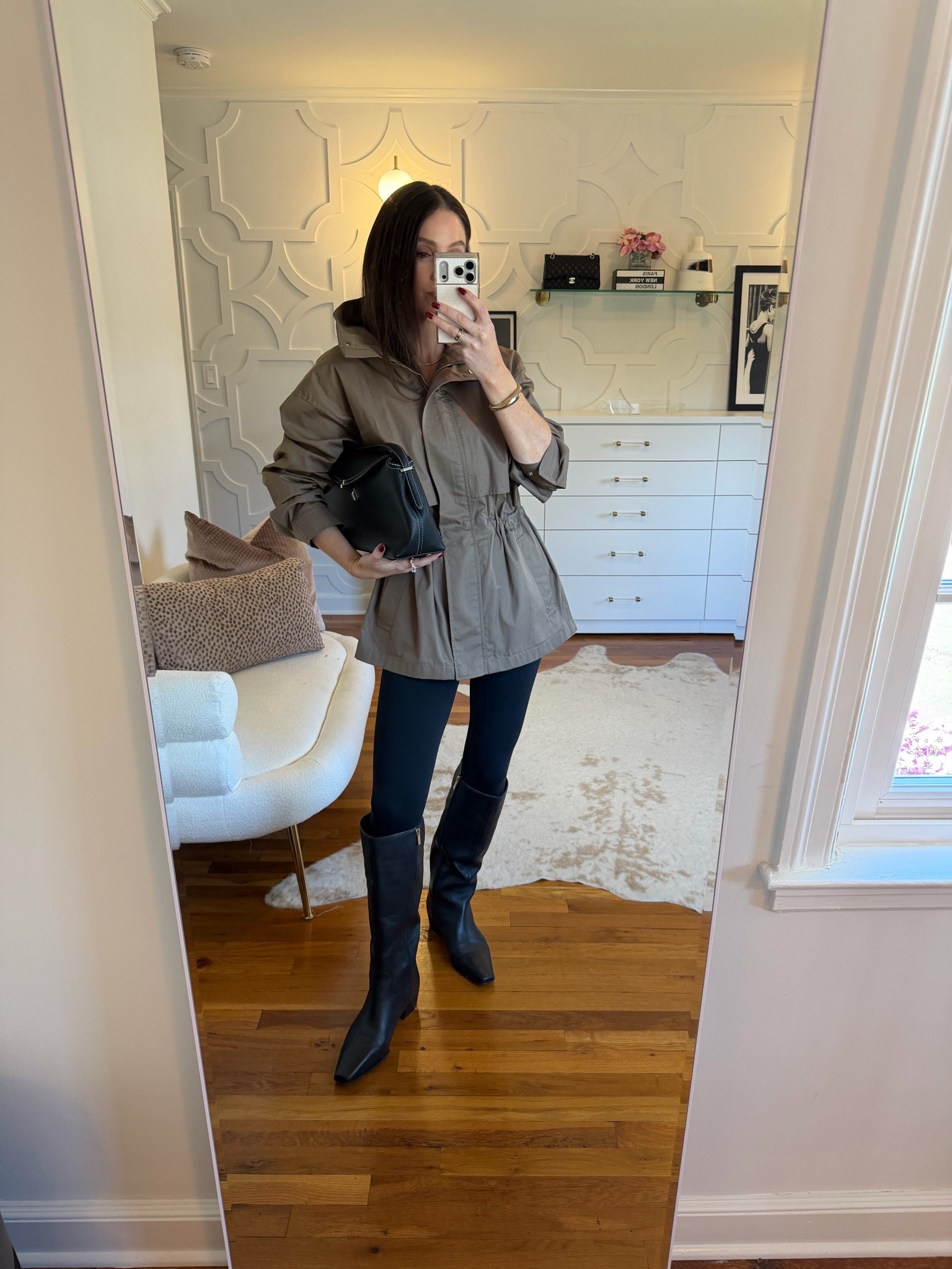One of my favorite jackets this season styled with my favorite boots. Did my true size in the jacket, the boots I sized up half a size and they’re on major sale! A great easy elevated casual outfit.