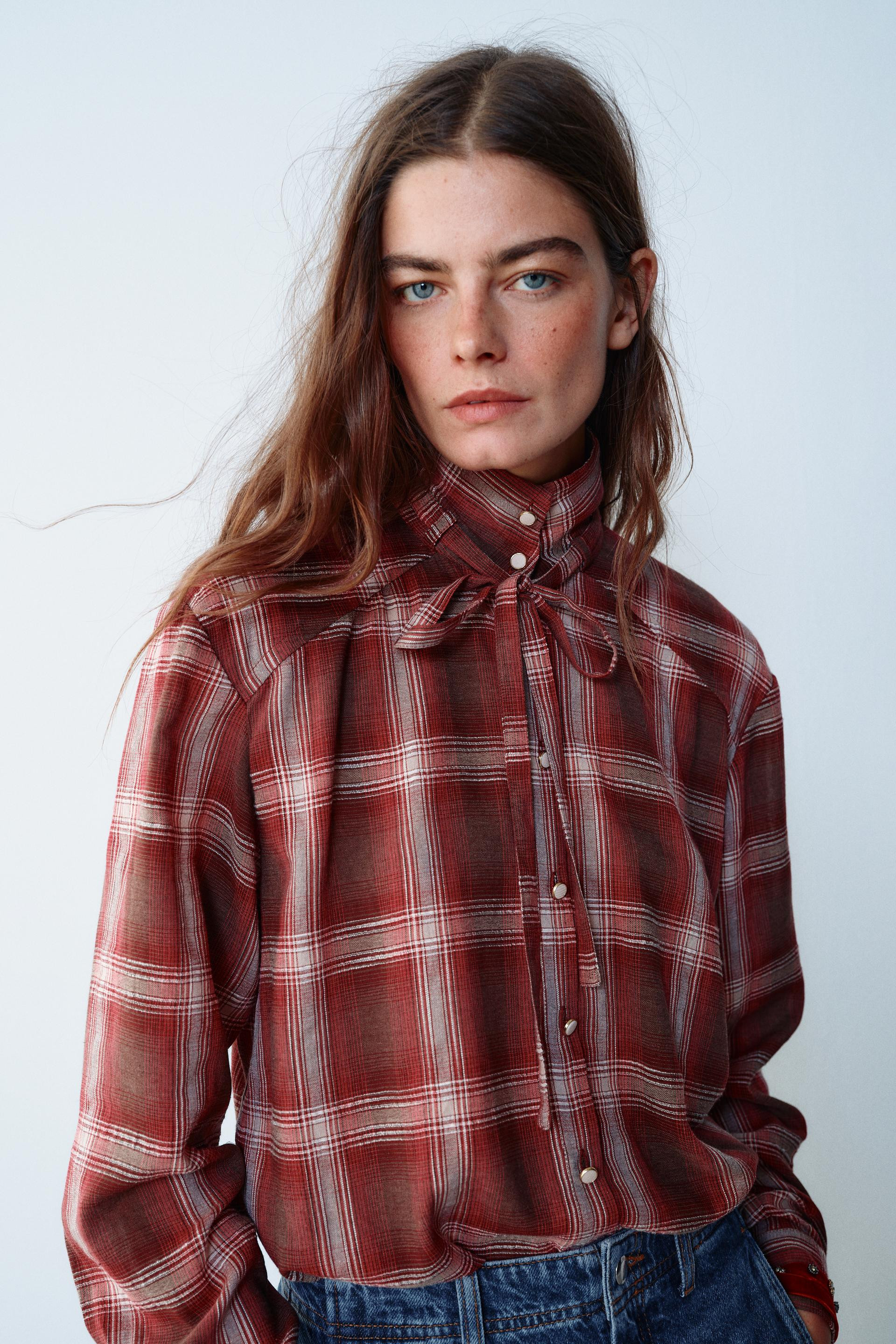 CHECKED BOW BLOUSE | Zara US