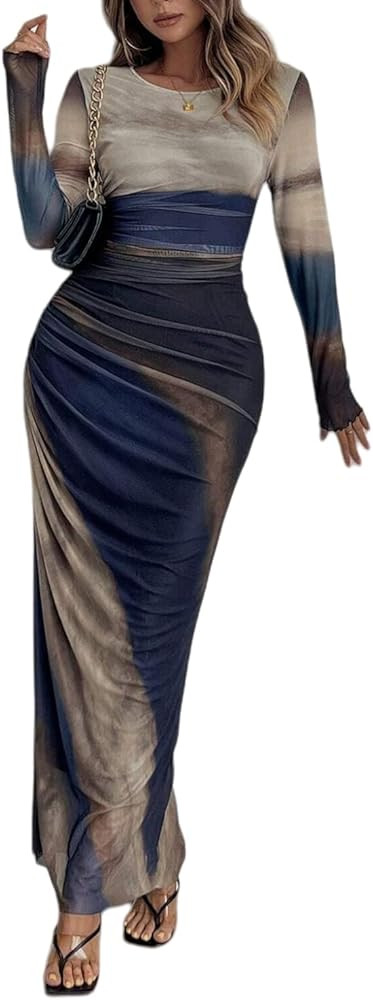 Women's Printed Bodycon Maxi Dress Long Sleeve Tie Dye Mesh Layered Dress | Amazon (US)