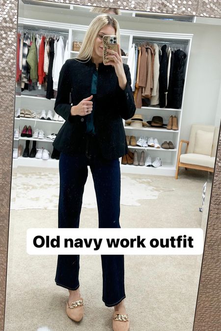 Old navy business casual work outfit. Blazer. Wide leg jeans. Satin blouse on sale. Work shoes. Teacher outfit  

#LTKsalealert #LTKunder50 #LTKworkwear