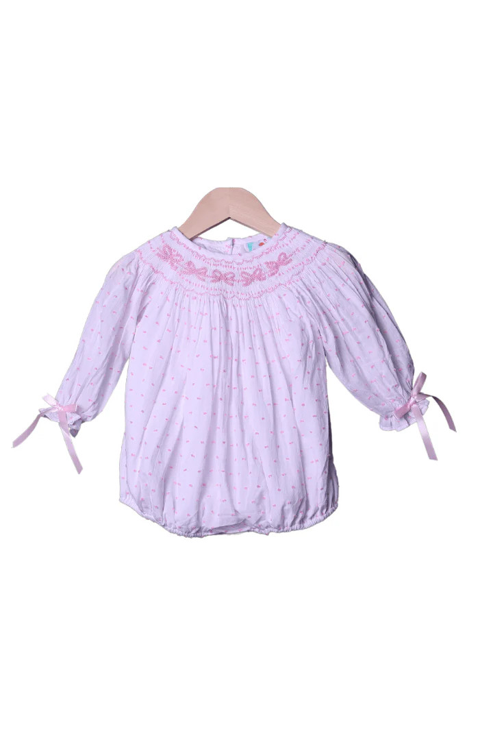 Smocked Classic Bow Pink Swiss Dot Bubble LONG Sleeve | The Smocked Flamingo
