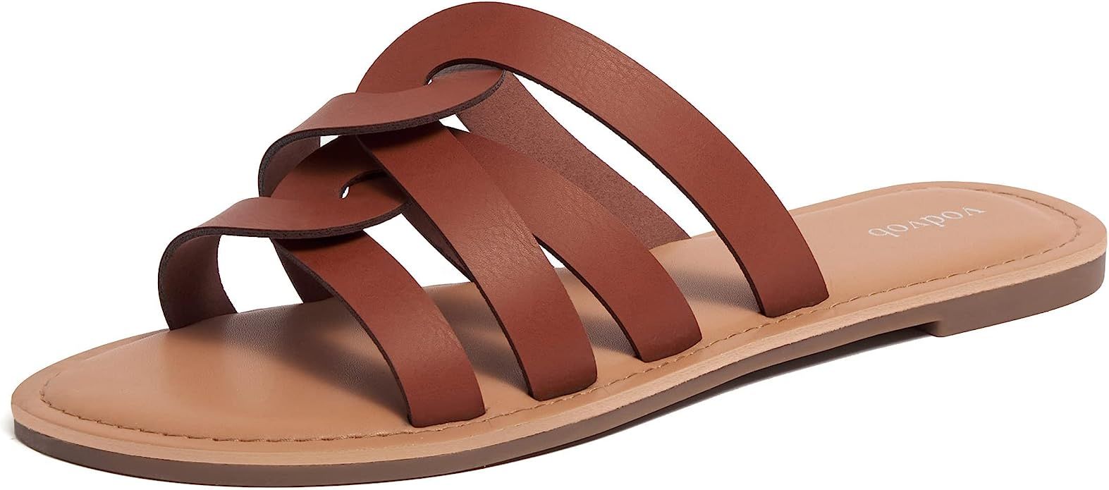 vodvob Women's Slide Sandals, Open Toe Slip On Flat Sandals, Cross Strap Casual Summer Shoes | Amazon (US)