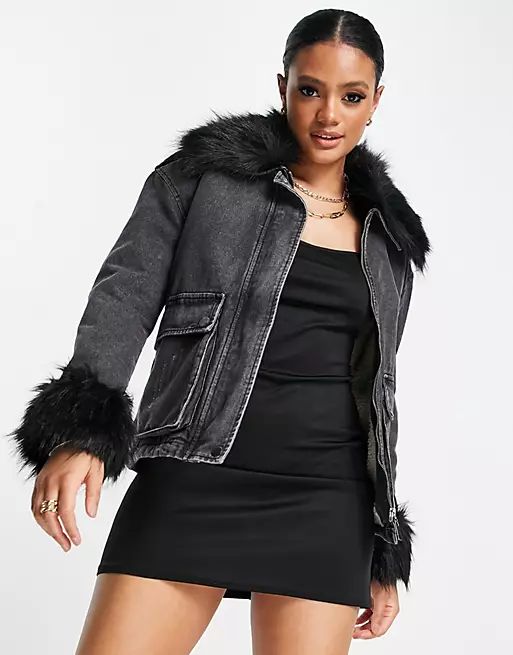Parisian denim jacket with faux fur cuff and collar in black | ASOS (Global)