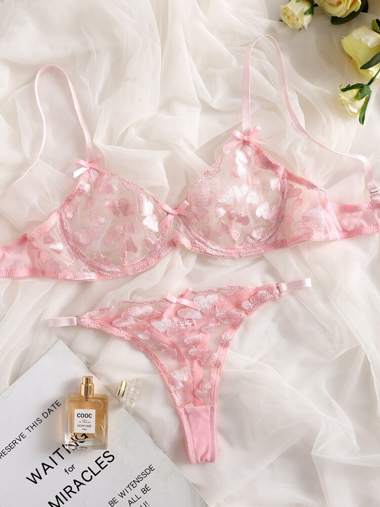 Embroidery Mesh Underwire Lingerie Set | SHEIN