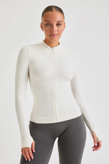 SCULPT SEAMLESS ZIP THROUGH LONGLINE JACKET - MILK MARL | TALA (UK)