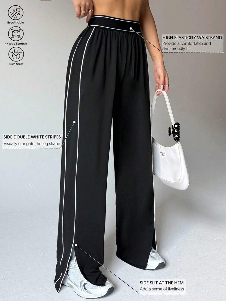 Dewbera Women's Loose Fit Straight Leg Sweatpants With Pockets, Waistband Contrast Stripe, High Stretch Elastic Waist, Suitable For Daily Casual Wear, Running, Yoga, Gym, Tennis, Golf, Autumn/Winter Athleisure Wide Leg Pants Palazzo Pants Women Loose Pants | SHEIN