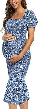 Maternity Summer Floral Midi Bodycon Dresses, Short Puff Sleeve Square Neck Ruffle Hem Mermaid Ba... | Amazon (US)