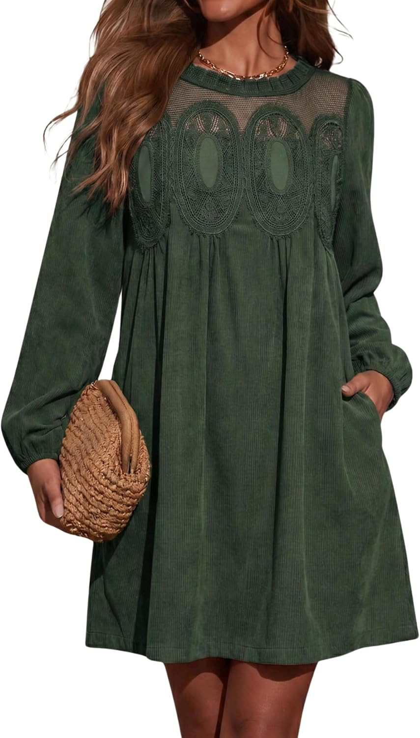 Women's Corduroy Babydoll Lace A Line Mini Dress with Pockets | Amazon (US)