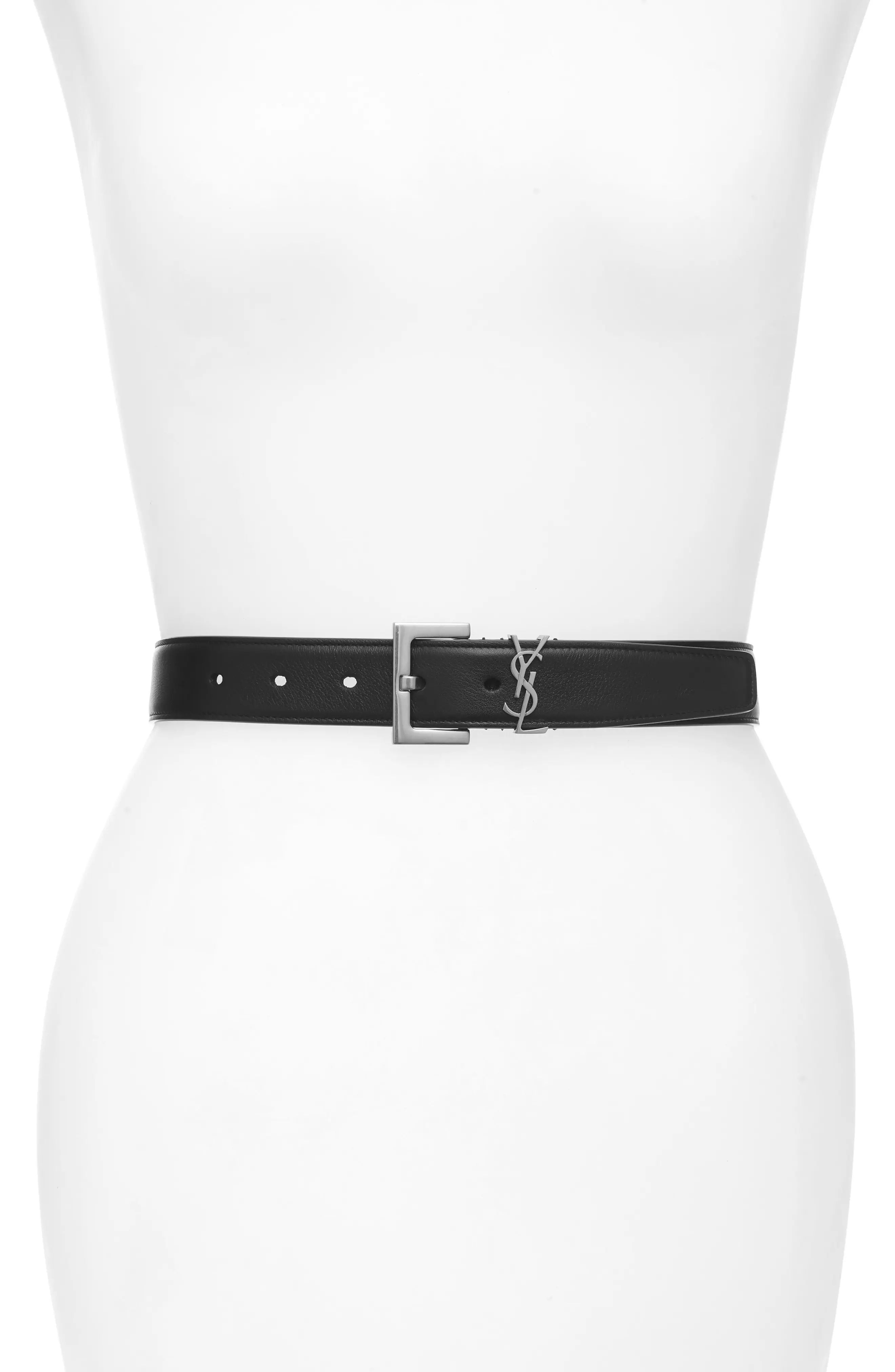 Women's Saint Laurent Laque Ysl Monogram Leather Belt, Size 100 - Nero | Nordstrom