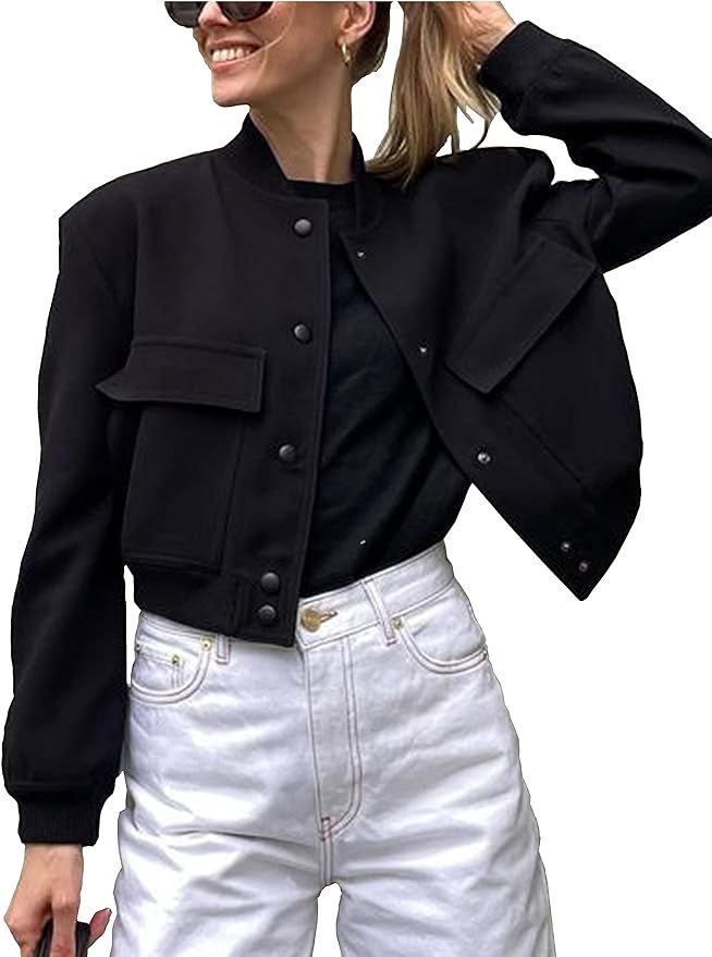 Megfie Womens Cropped Bomber Jacket Button Down Varsity Jackets Shackets With Pockets | Amazon (UK)