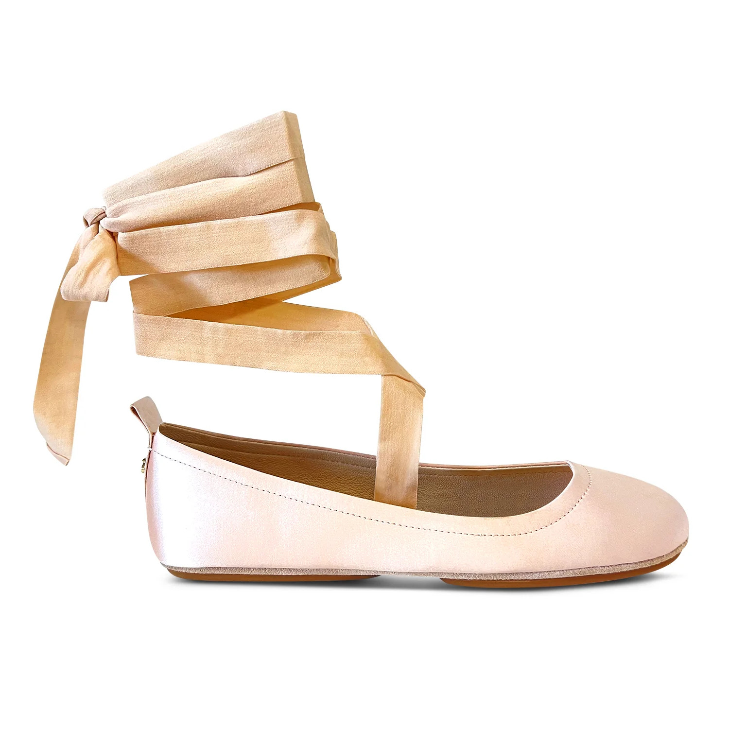 Simone Ankle Wrap Flats in Champagne Satin | Yosi Samra Inc.