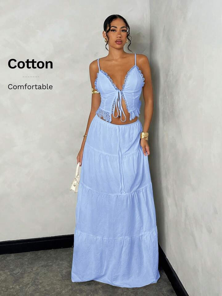 SHEIN BAE Women's Summer Beach Vacation Romantic Date Everyday Wear Sling Lace Splice Tie Top + Low Waist Ruched Holiday A-Line Super Long Dress Linen Fabric Set | SHEIN