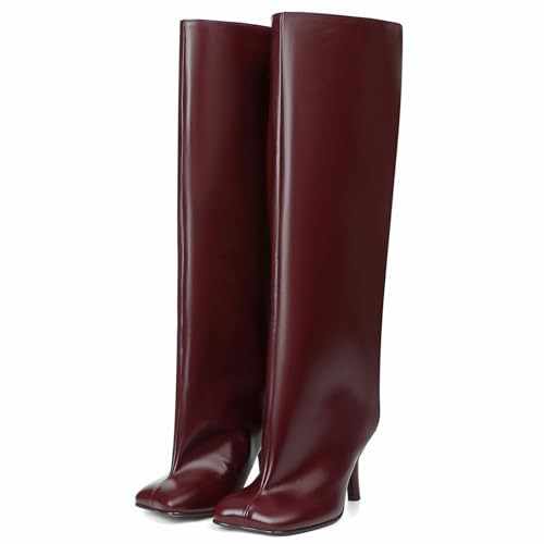 VOMIRA Women's Knee High Burgundy Wide Calf Square Toe Stiletto Fall Winter Pull On High Heel Long Ladies Fashion Dress Tall Slouchy Boots | Amazon (US)