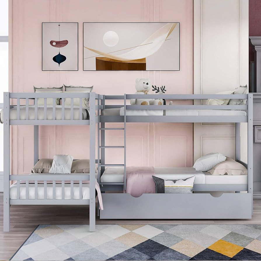 Harper & Bright Designs Twin Over Twin Bunk Bed for Kids, L-Shaped 4 Beds Bunk Bed Frame with Dra... | Amazon (US)
