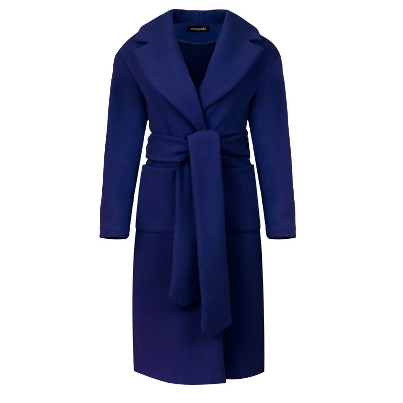 Long Electric Blue Faux Mouflon Coat with Belt | Wolf and Badger (Global excl. US)