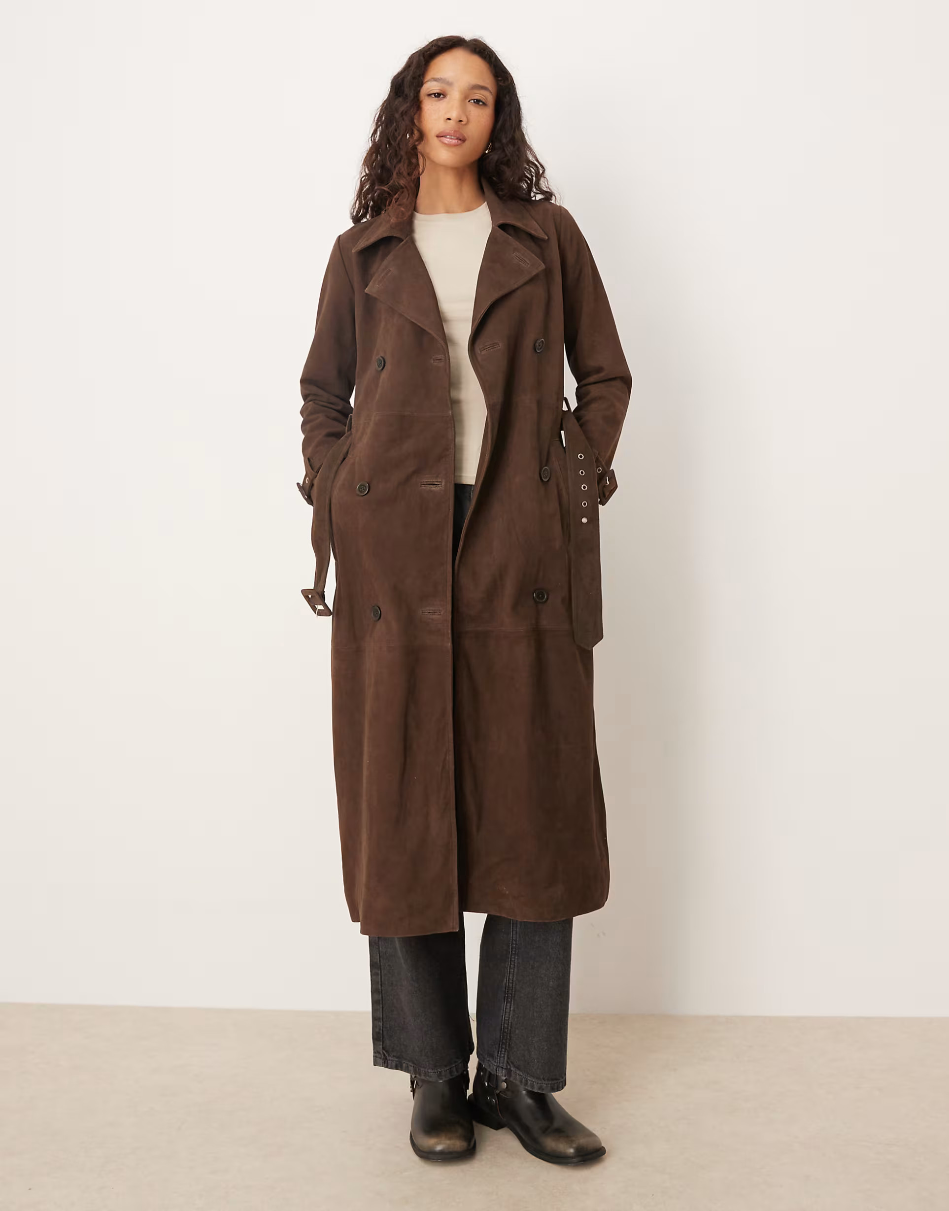 Barneys Originals Real suede chocolate trench coat in chocolate | ASOS (Global)