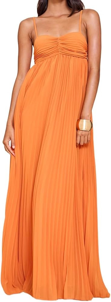 Women's Plisse Dress Adjustable Spaghetti Strap Maxi Solid Party Wedding Guest Dresses | Amazon (US)