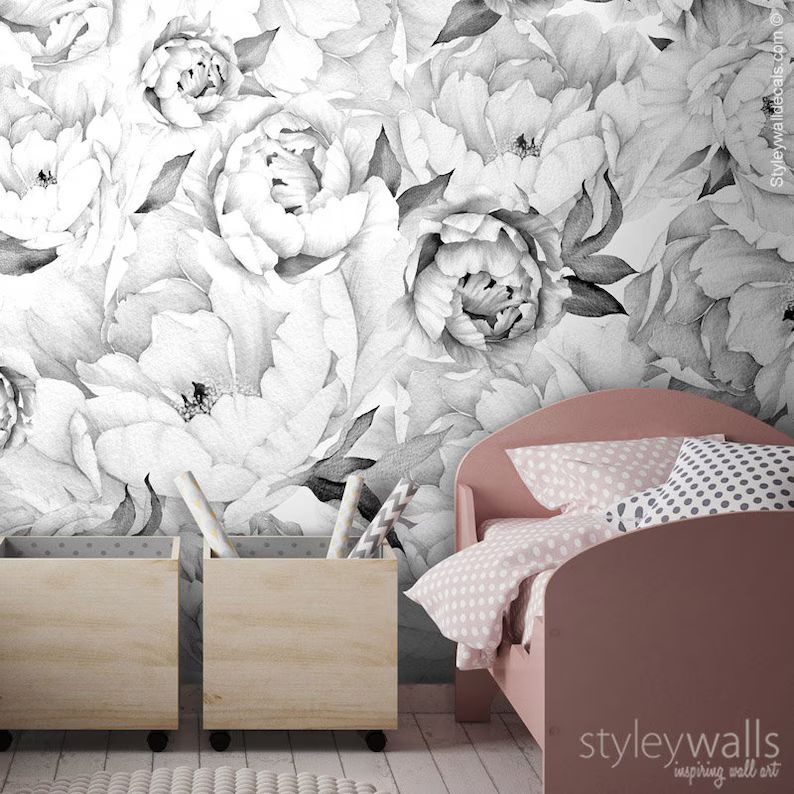 Peony Wallpaper, Peony Wall Mural, Peonies Floral Wallpaper, Black and White Watercolor Flowers W... | Etsy (US)
