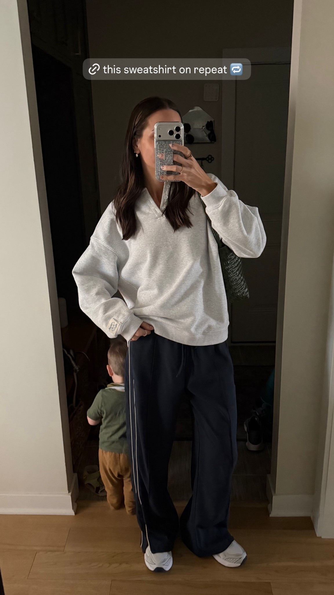 Sweatshirt: tts. I sized up to a M for a roomier fit 
Track pants: tts (S long) 
Sneakers: tts, size up if between 

#LTKmomlife #LTKootd #LTKSaleAlert