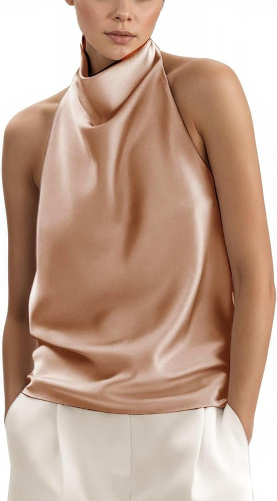 Womens Silk Satin Halter Tops Draped Front Backless Tank Top Casual Sleeveless Camis Silky Summer... | Amazon (US)