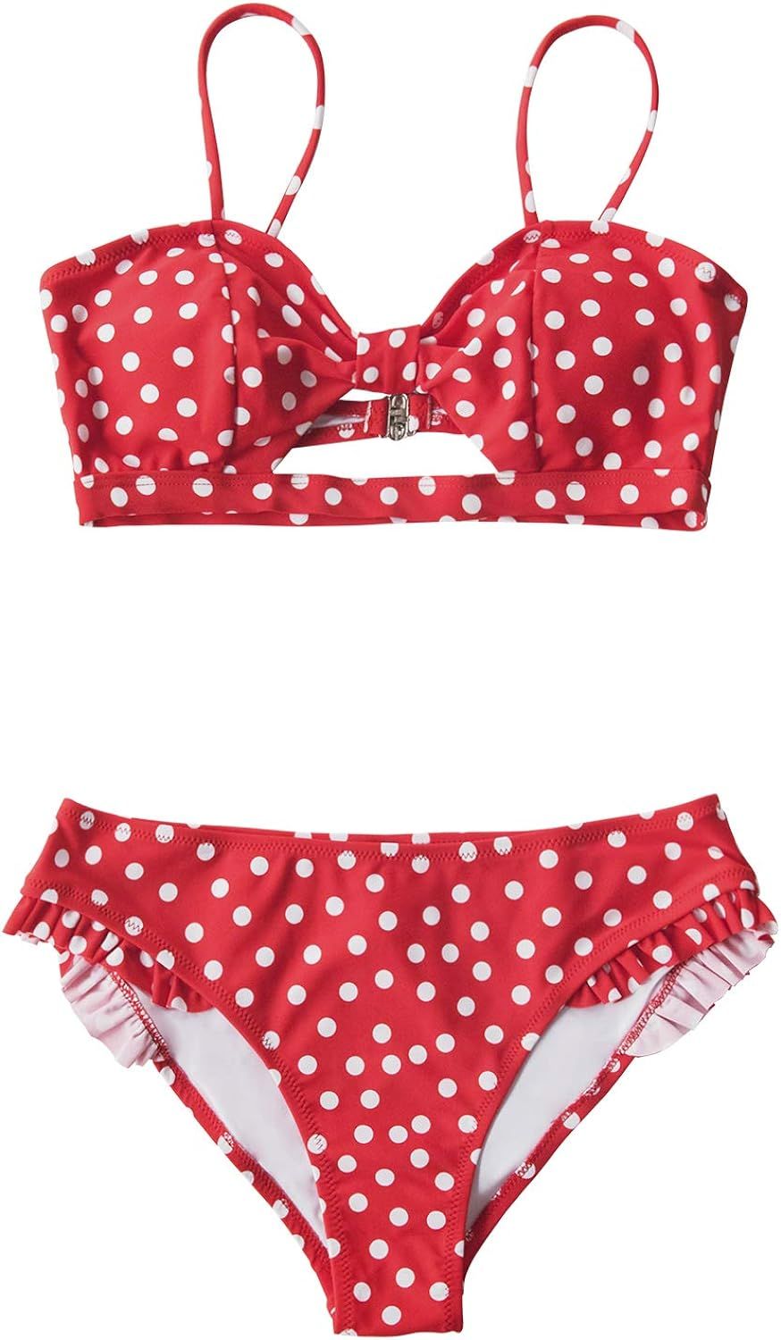 CUPSHE Women's Red Polka Dot Cutout Ruffles Back Hook Closure Bikini Sets | Amazon (US)