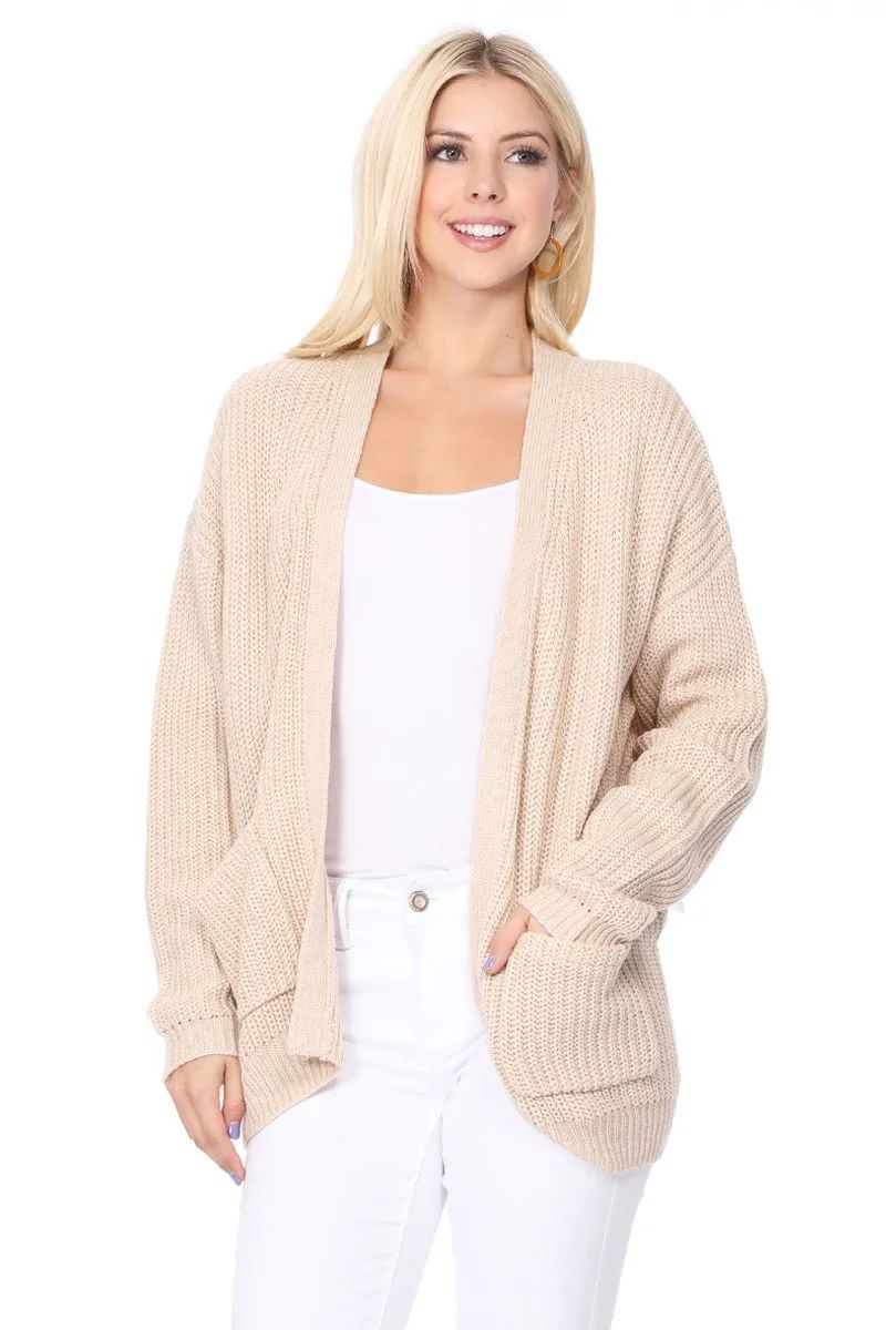 YEMAK Women's Long Sleeve Chunky Waffle Knit Open Front Sweater Cardigan HK8246-OATMEAL-SM | Walmart (US)