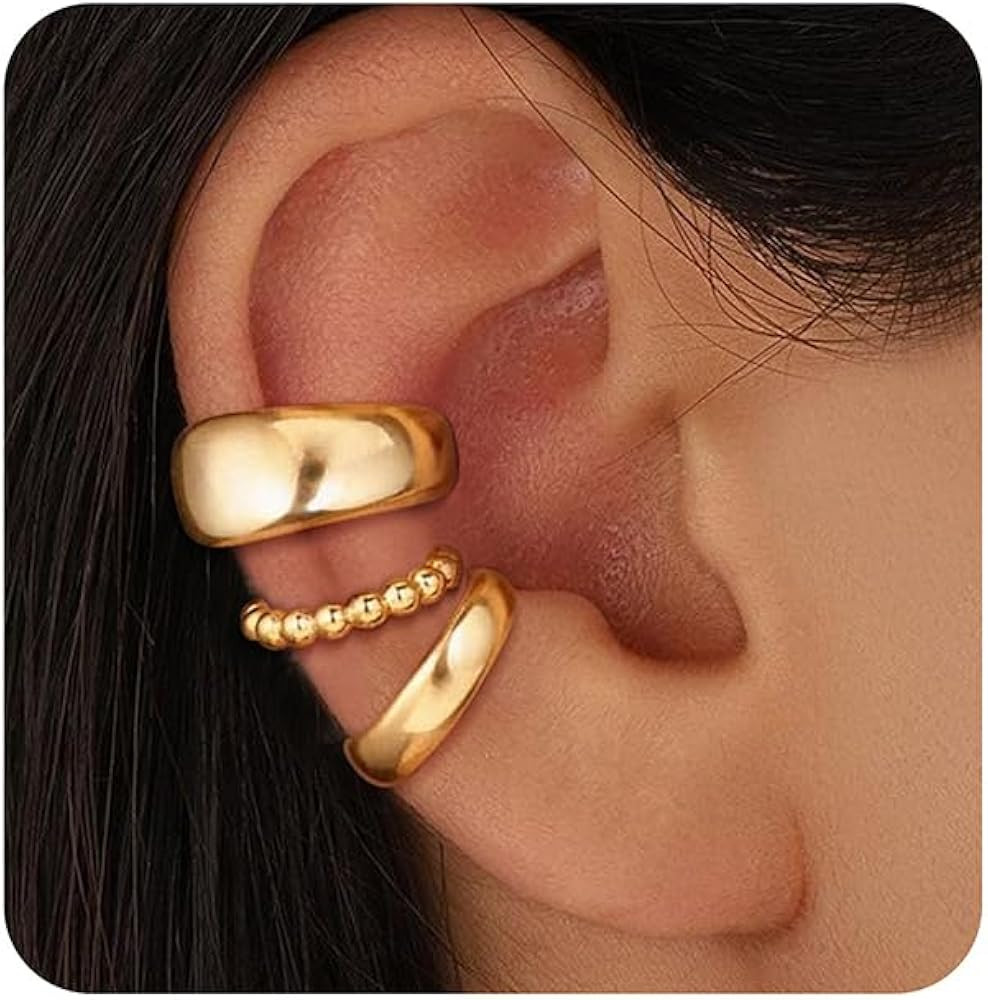 OOOPEL 3 Pairs 14K Gold Plated Ear Cuffs Non Piercing Lightweight Stackable Chunky Earring Cuff f... | Amazon (US)