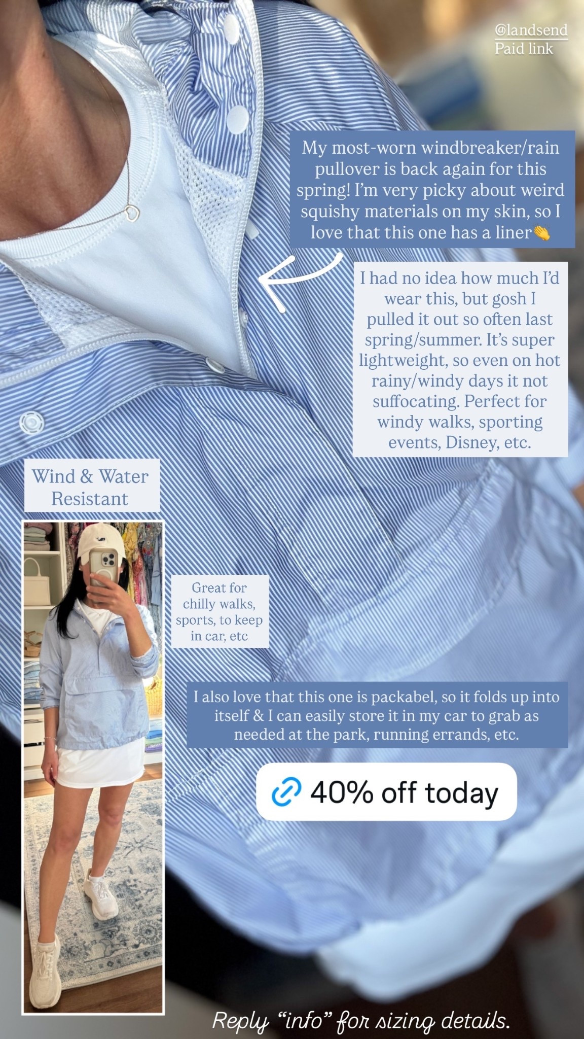 40% off code: LILY

My most-worn windbreaker/rain pullover is back again for this spring! I’m very picky about weird squishy materials on my skin, so I love that this one has a liner👏

I had no idea how much I’d wear this, but gosh I pulled it out so often last spring/summer. It’s super lightweight, so even on hot rainy/windy days it not suffocating. Perfect for windy walks, sporting events, Disney, etc.

I also love that this one is packabel, so it folds up into itself & I can easily store it in my car to grab as needed at the park, running errands, etc.  Great for chilly walks, sports, to keep in car, etc

Fits TTS, wearing XS

Lands end, classic, preppy, blue and white stripes 

#LTKootd #LTKSaleAlert #LTKSeasonal